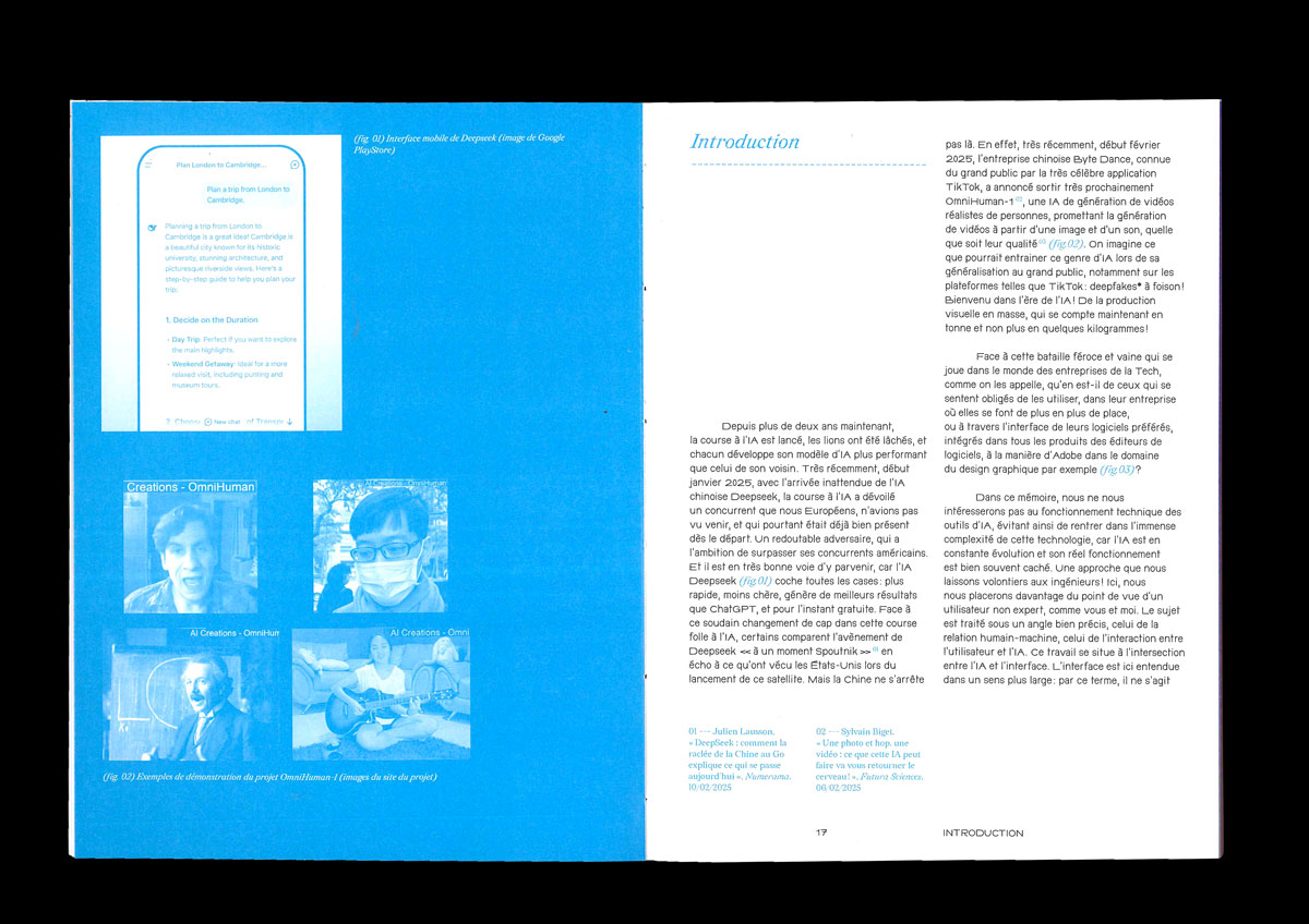 mémoire ouvert présentant l'introduction, avec une page de photos sur fond cyan et une page de texte cyan