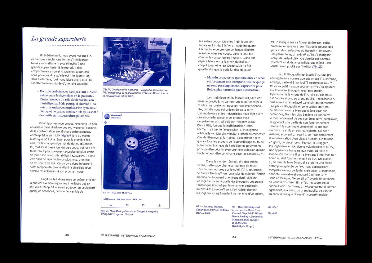 mémoire ouvert présentant une des trois partie avec texte et images en bleu foncé