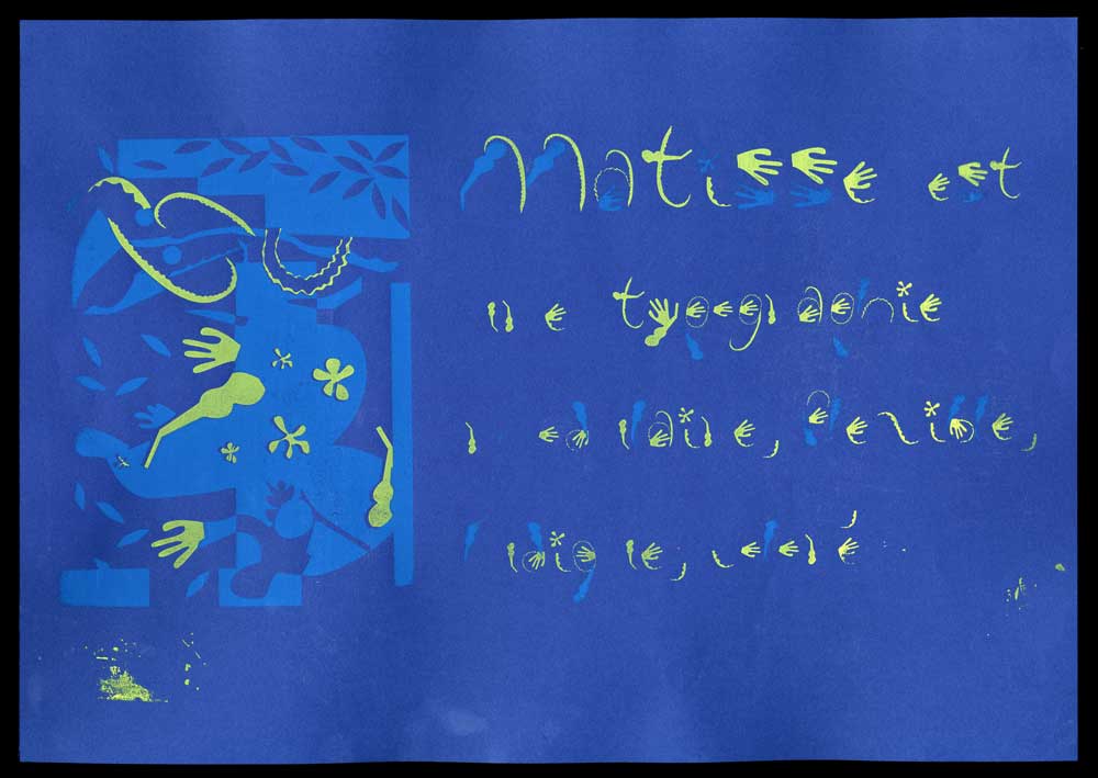 affiche specimen sérigraphiée en 2 couleurs (jaune et bleu) sur papier bleu