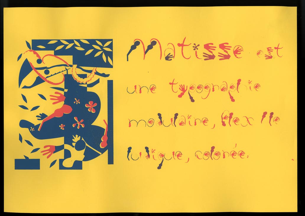 affiche specimen sérigraphiée en 2 couleurs (bleu et rouge dégradé) sur papier jaune