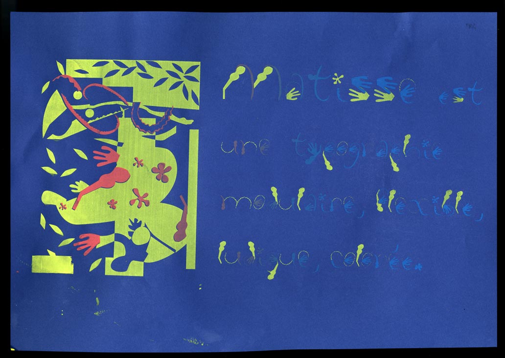 affiche specimen sérigraphiée en 2 couleurs (jaune et rouge dégradé vers le bleu) sur papier bleu